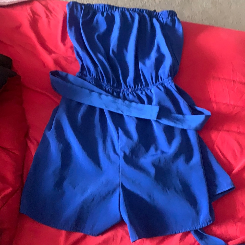 Navy blue strapless romper with wrap-around tie!